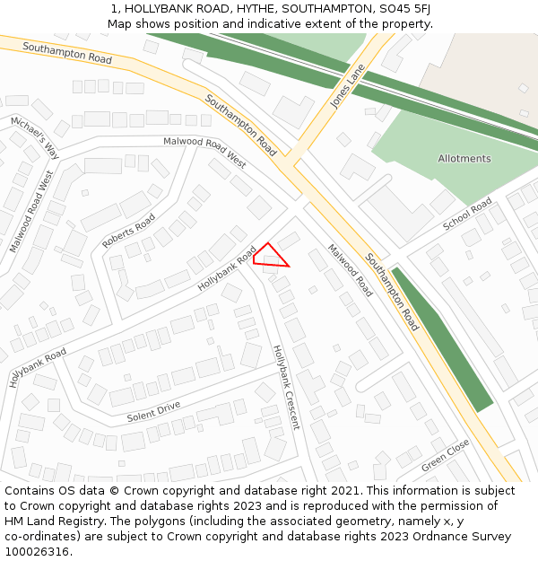 1, HOLLYBANK ROAD, HYTHE, SOUTHAMPTON, SO45 5FJ: Location map and indicative extent of plot