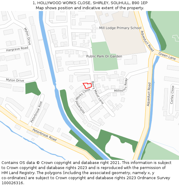 1, HOLLYWOOD WORKS CLOSE, SHIRLEY, SOLIHULL, B90 1EP: Location map and indicative extent of plot