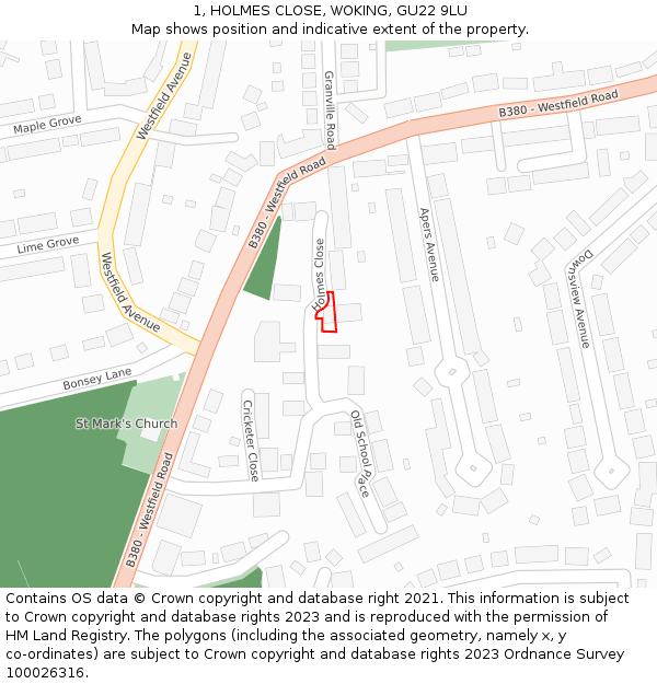 1, HOLMES CLOSE, WOKING, GU22 9LU: Location map and indicative extent of plot