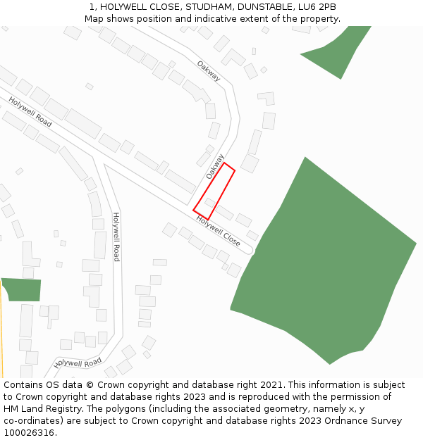 1, HOLYWELL CLOSE, STUDHAM, DUNSTABLE, LU6 2PB: Location map and indicative extent of plot