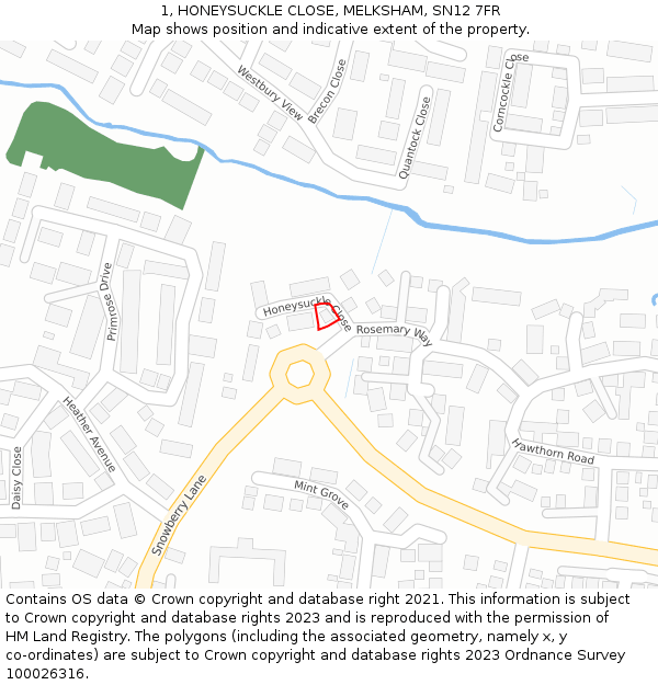 1, HONEYSUCKLE CLOSE, MELKSHAM, SN12 7FR: Location map and indicative extent of plot