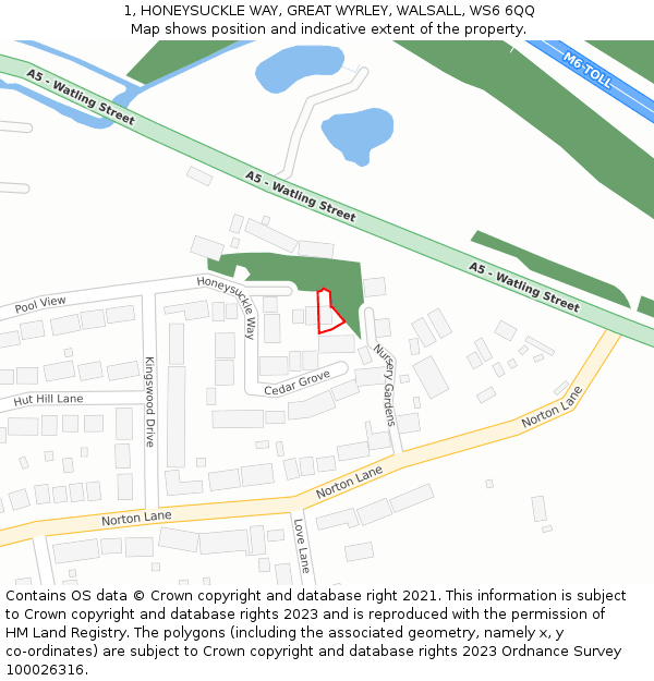 1, HONEYSUCKLE WAY, GREAT WYRLEY, WALSALL, WS6 6QQ: Location map and indicative extent of plot