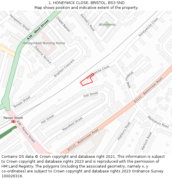 1, HONEYWICK CLOSE, BRISTOL, BS3 5ND: Location map and indicative extent of plot