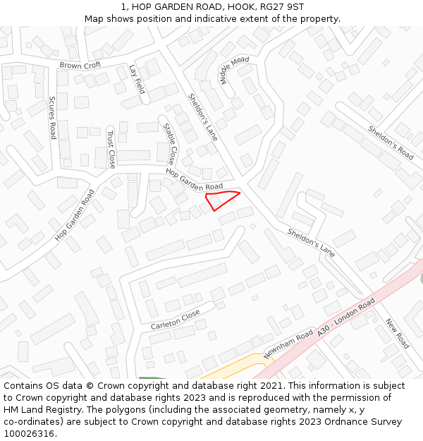 1, HOP GARDEN ROAD, HOOK, RG27 9ST: Location map and indicative extent of plot