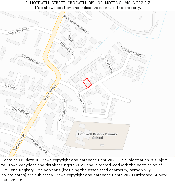 1, HOPEWELL STREET, CROPWELL BISHOP, NOTTINGHAM, NG12 3JZ: Location map and indicative extent of plot