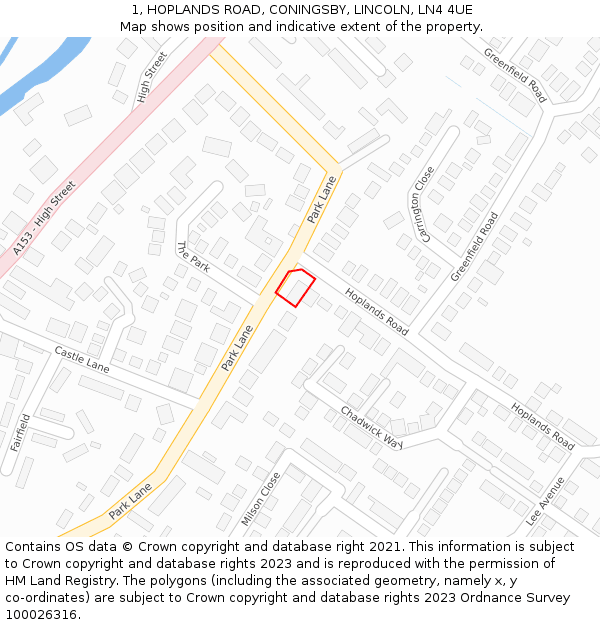 1, HOPLANDS ROAD, CONINGSBY, LINCOLN, LN4 4UE: Location map and indicative extent of plot