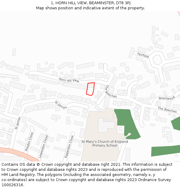 1, HORN HILL VIEW, BEAMINSTER, DT8 3PJ: Location map and indicative extent of plot