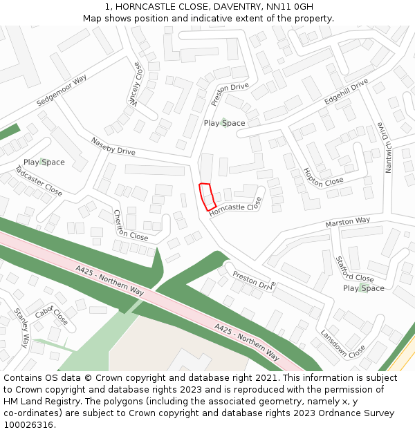 1, HORNCASTLE CLOSE, DAVENTRY, NN11 0GH: Location map and indicative extent of plot