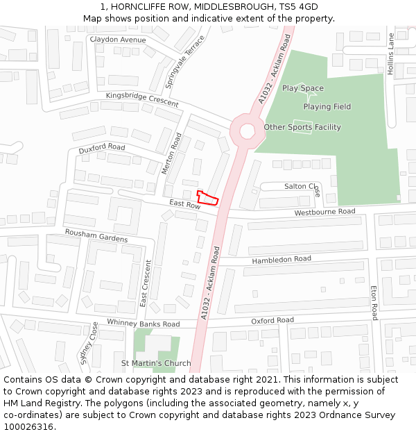 1, HORNCLIFFE ROW, MIDDLESBROUGH, TS5 4GD: Location map and indicative extent of plot
