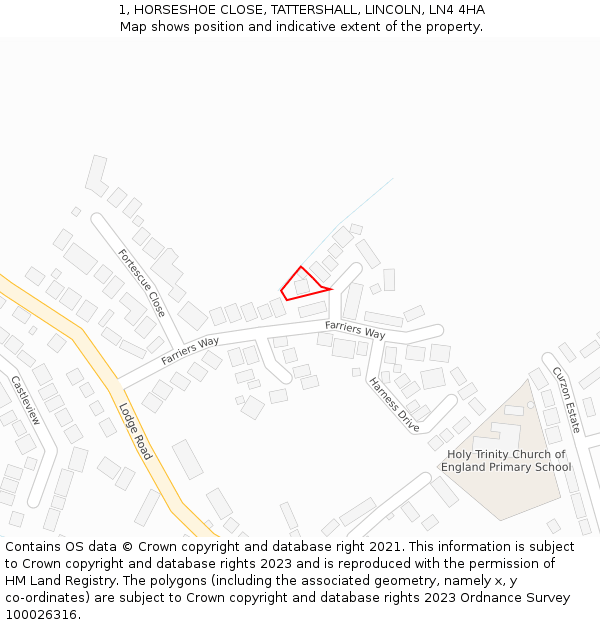 1, HORSESHOE CLOSE, TATTERSHALL, LINCOLN, LN4 4HA: Location map and indicative extent of plot