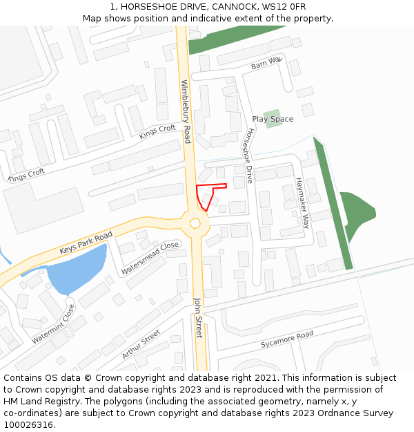 1, HORSESHOE DRIVE, CANNOCK, WS12 0FR: Location map and indicative extent of plot