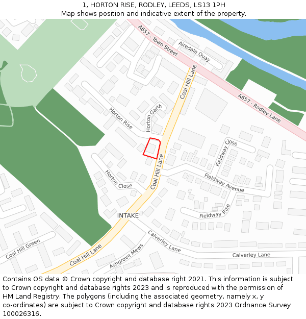 1, HORTON RISE, RODLEY, LEEDS, LS13 1PH: Location map and indicative extent of plot