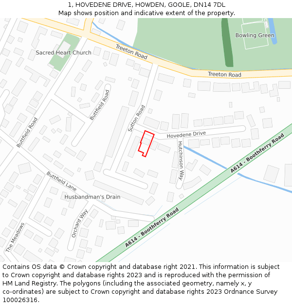 1, HOVEDENE DRIVE, HOWDEN, GOOLE, DN14 7DL: Location map and indicative extent of plot