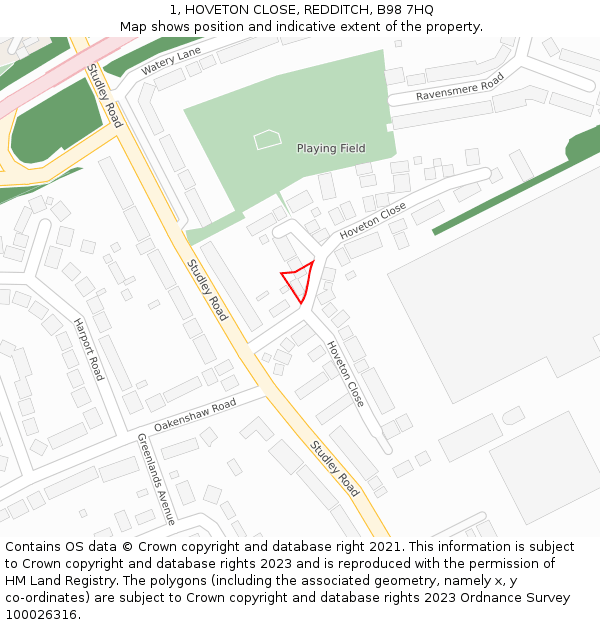 1, HOVETON CLOSE, REDDITCH, B98 7HQ: Location map and indicative extent of plot