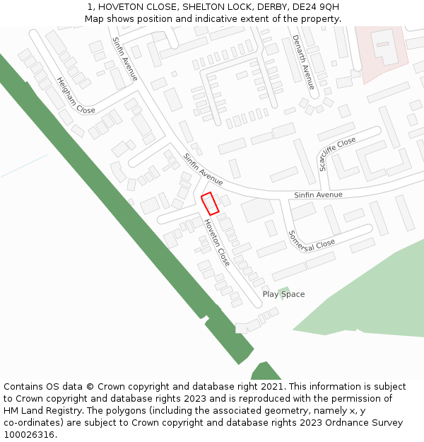 1, HOVETON CLOSE, SHELTON LOCK, DERBY, DE24 9QH: Location map and indicative extent of plot