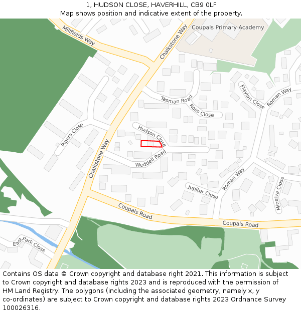 1, HUDSON CLOSE, HAVERHILL, CB9 0LF: Location map and indicative extent of plot