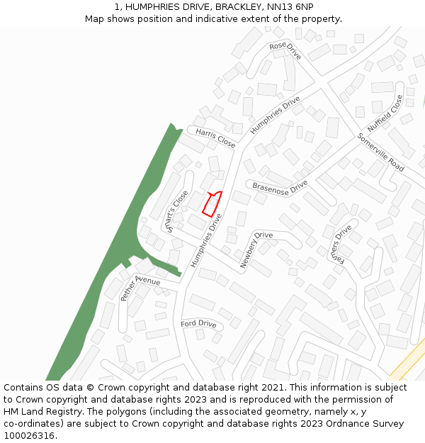 1, HUMPHRIES DRIVE, BRACKLEY, NN13 6NP: Location map and indicative extent of plot