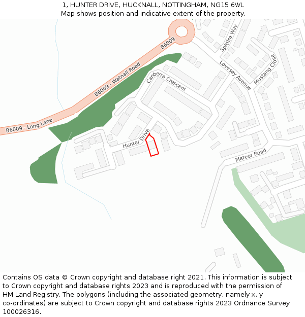 1, HUNTER DRIVE, HUCKNALL, NOTTINGHAM, NG15 6WL: Location map and indicative extent of plot