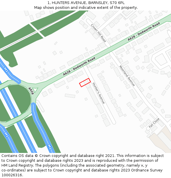 1, HUNTERS AVENUE, BARNSLEY, S70 6PL: Location map and indicative extent of plot