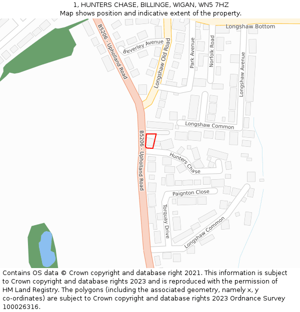 1, HUNTERS CHASE, BILLINGE, WIGAN, WN5 7HZ: Location map and indicative extent of plot