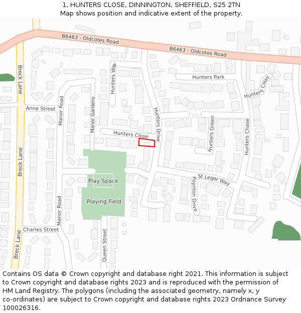 1, HUNTERS CLOSE, DINNINGTON, SHEFFIELD, S25 2TN: Location map and indicative extent of plot