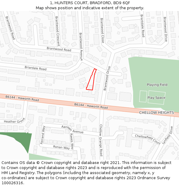 1, HUNTERS COURT, BRADFORD, BD9 6QF: Location map and indicative extent of plot