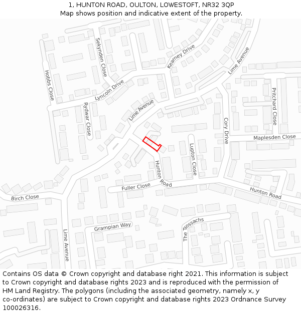 1, HUNTON ROAD, OULTON, LOWESTOFT, NR32 3QP: Location map and indicative extent of plot
