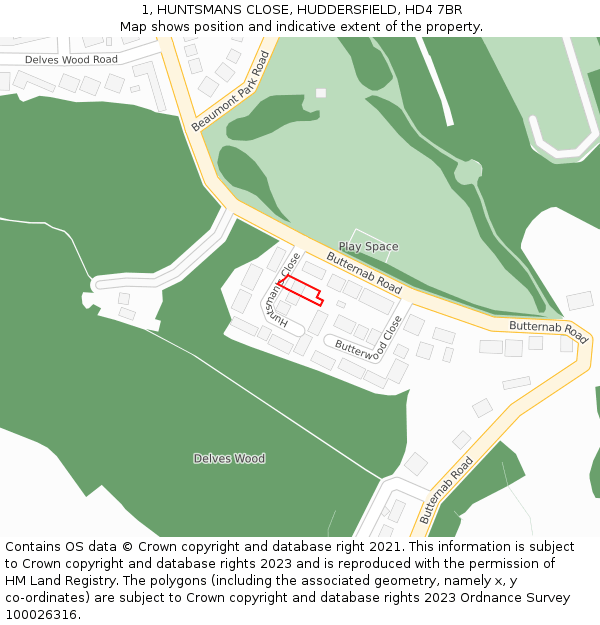 1, HUNTSMANS CLOSE, HUDDERSFIELD, HD4 7BR: Location map and indicative extent of plot