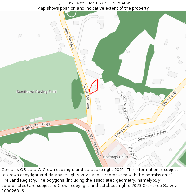 1, HURST WAY, HASTINGS, TN35 4PW: Location map and indicative extent of plot