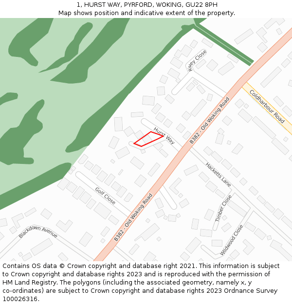 1, HURST WAY, PYRFORD, WOKING, GU22 8PH: Location map and indicative extent of plot
