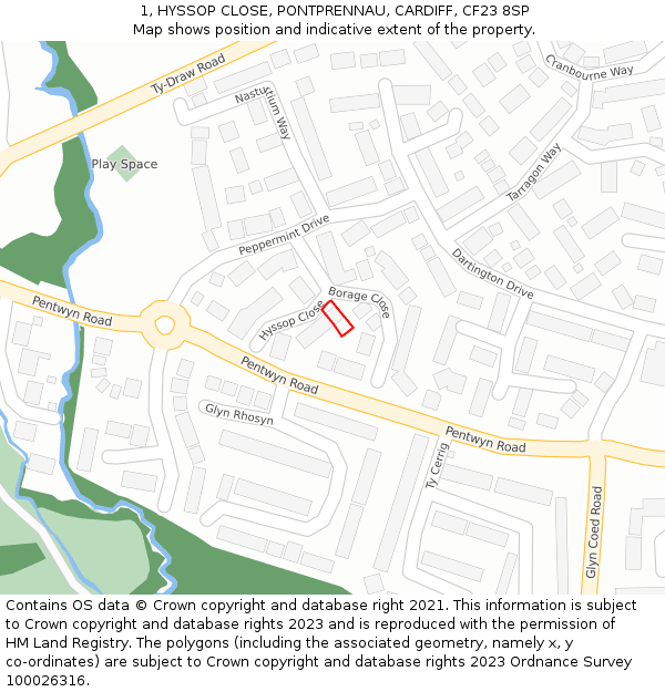 1, HYSSOP CLOSE, PONTPRENNAU, CARDIFF, CF23 8SP: Location map and indicative extent of plot