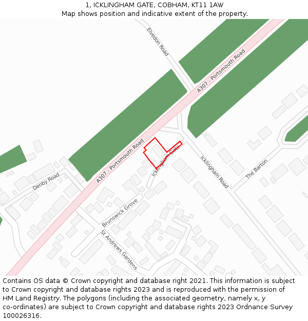 1, ICKLINGHAM GATE, COBHAM, KT11 1AW: Location map and indicative extent of plot
