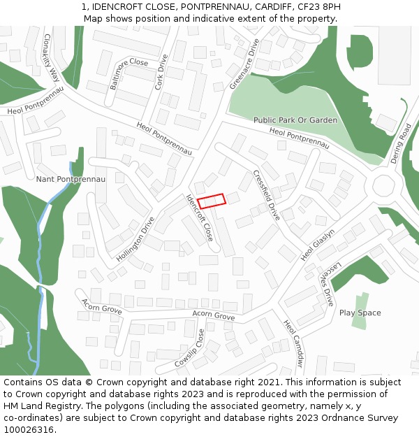 1, IDENCROFT CLOSE, PONTPRENNAU, CARDIFF, CF23 8PH: Location map and indicative extent of plot
