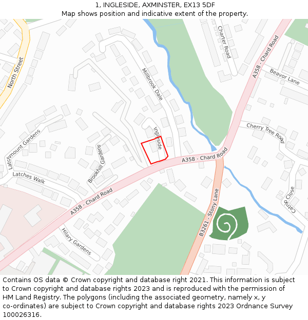 1, INGLESIDE, AXMINSTER, EX13 5DF: Location map and indicative extent of plot