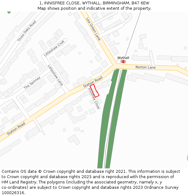 1, INNISFREE CLOSE, WYTHALL, BIRMINGHAM, B47 6EW: Location map and indicative extent of plot
