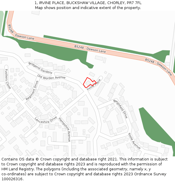 1, IRVINE PLACE, BUCKSHAW VILLAGE, CHORLEY, PR7 7FL: Location map and indicative extent of plot
