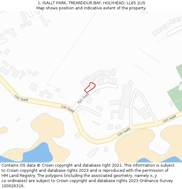 1, ISALLT PARK, TREARDDUR BAY, HOLYHEAD, LL65 2US: Location map and indicative extent of plot