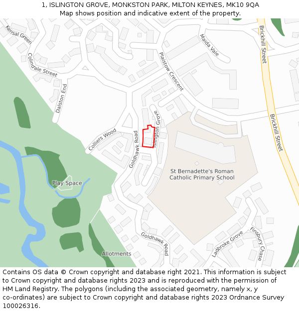 1, ISLINGTON GROVE, MONKSTON PARK, MILTON KEYNES, MK10 9QA: Location map and indicative extent of plot