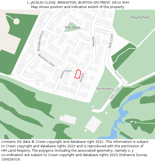 1, JACKLIN CLOSE, BRANSTON, BURTON-ON-TRENT, DE14 3HH: Location map and indicative extent of plot