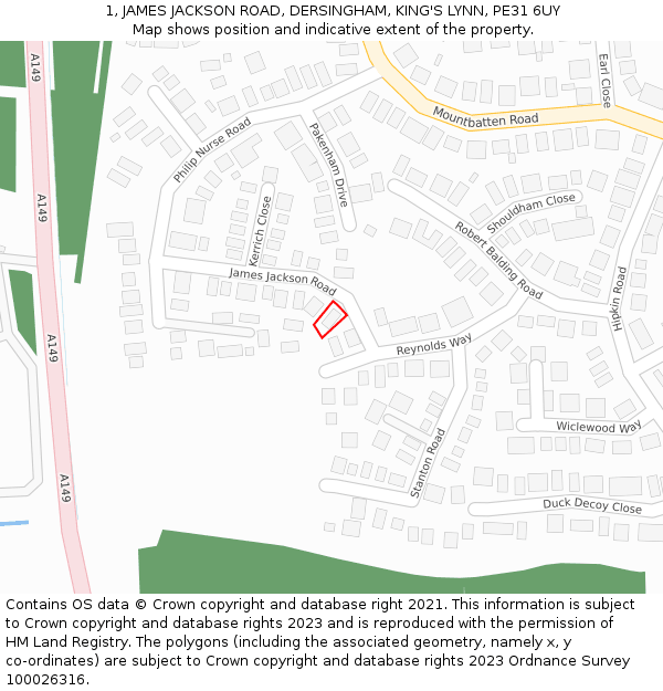 1, JAMES JACKSON ROAD, DERSINGHAM, KING'S LYNN, PE31 6UY: Location map and indicative extent of plot