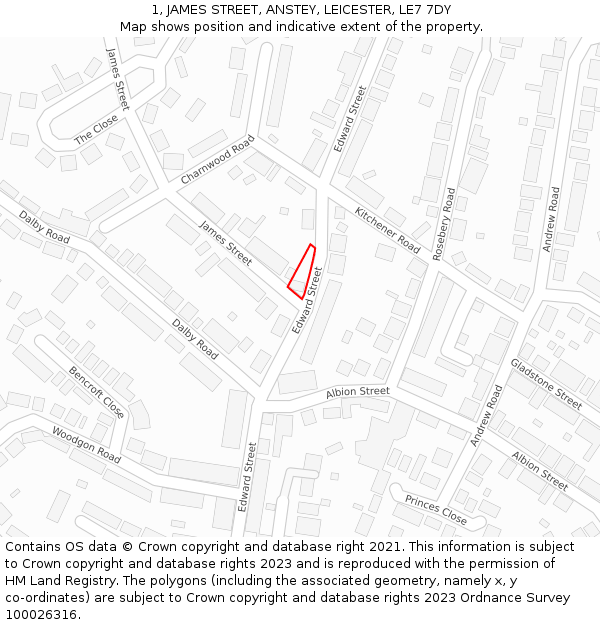 1, JAMES STREET, ANSTEY, LEICESTER, LE7 7DY: Location map and indicative extent of plot
