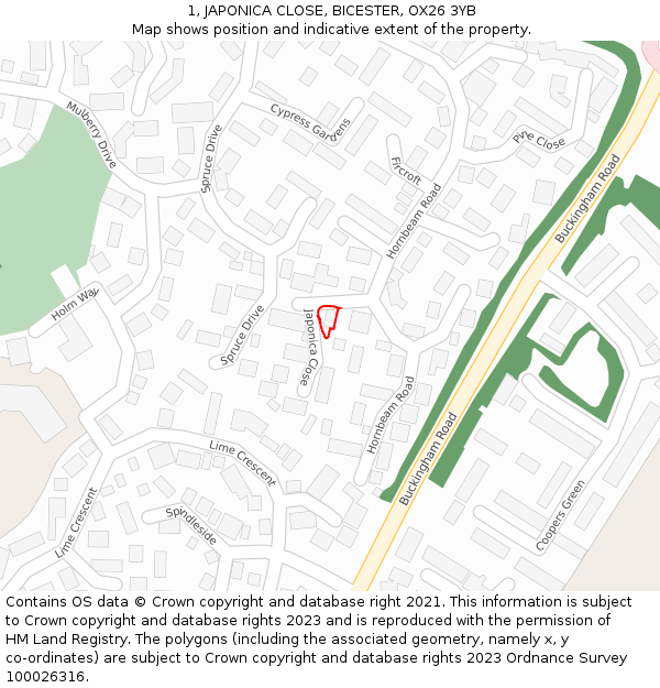 1, JAPONICA CLOSE, BICESTER, OX26 3YB: Location map and indicative extent of plot