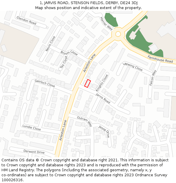1, JARVIS ROAD, STENSON FIELDS, DERBY, DE24 3DJ: Location map and indicative extent of plot