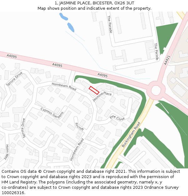 1, JASMINE PLACE, BICESTER, OX26 3UT: Location map and indicative extent of plot