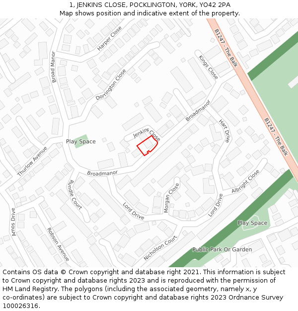 1, JENKINS CLOSE, POCKLINGTON, YORK, YO42 2PA: Location map and indicative extent of plot
