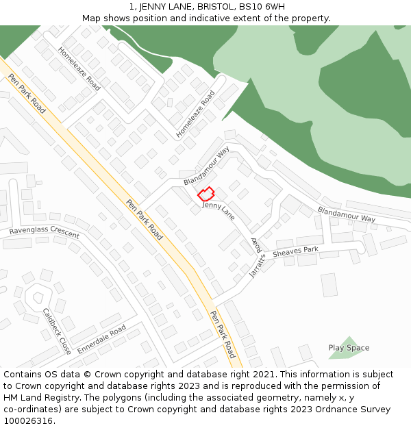 1, JENNY LANE, BRISTOL, BS10 6WH: Location map and indicative extent of plot