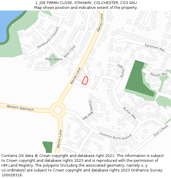 1, JOE FIRMIN CLOSE, STANWAY, COLCHESTER, CO3 0AU: Location map and indicative extent of plot