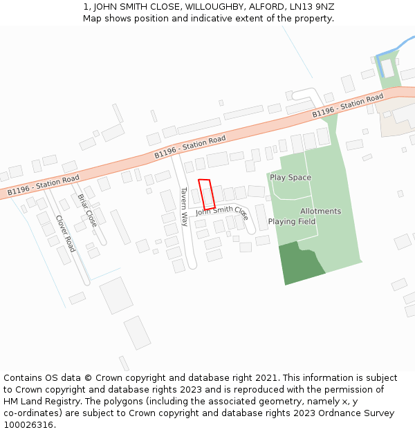 1, JOHN SMITH CLOSE, WILLOUGHBY, ALFORD, LN13 9NZ: Location map and indicative extent of plot