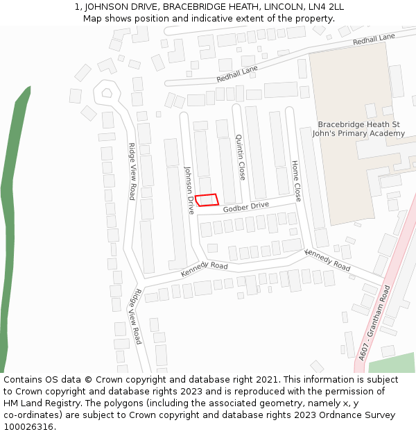 1, JOHNSON DRIVE, BRACEBRIDGE HEATH, LINCOLN, LN4 2LL: Location map and indicative extent of plot
