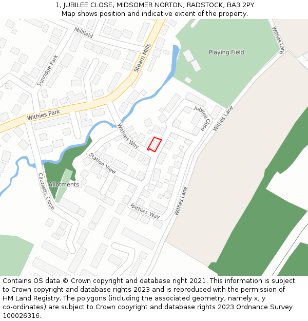 1, JUBILEE CLOSE, MIDSOMER NORTON, RADSTOCK, BA3 2PY: Location map and indicative extent of plot